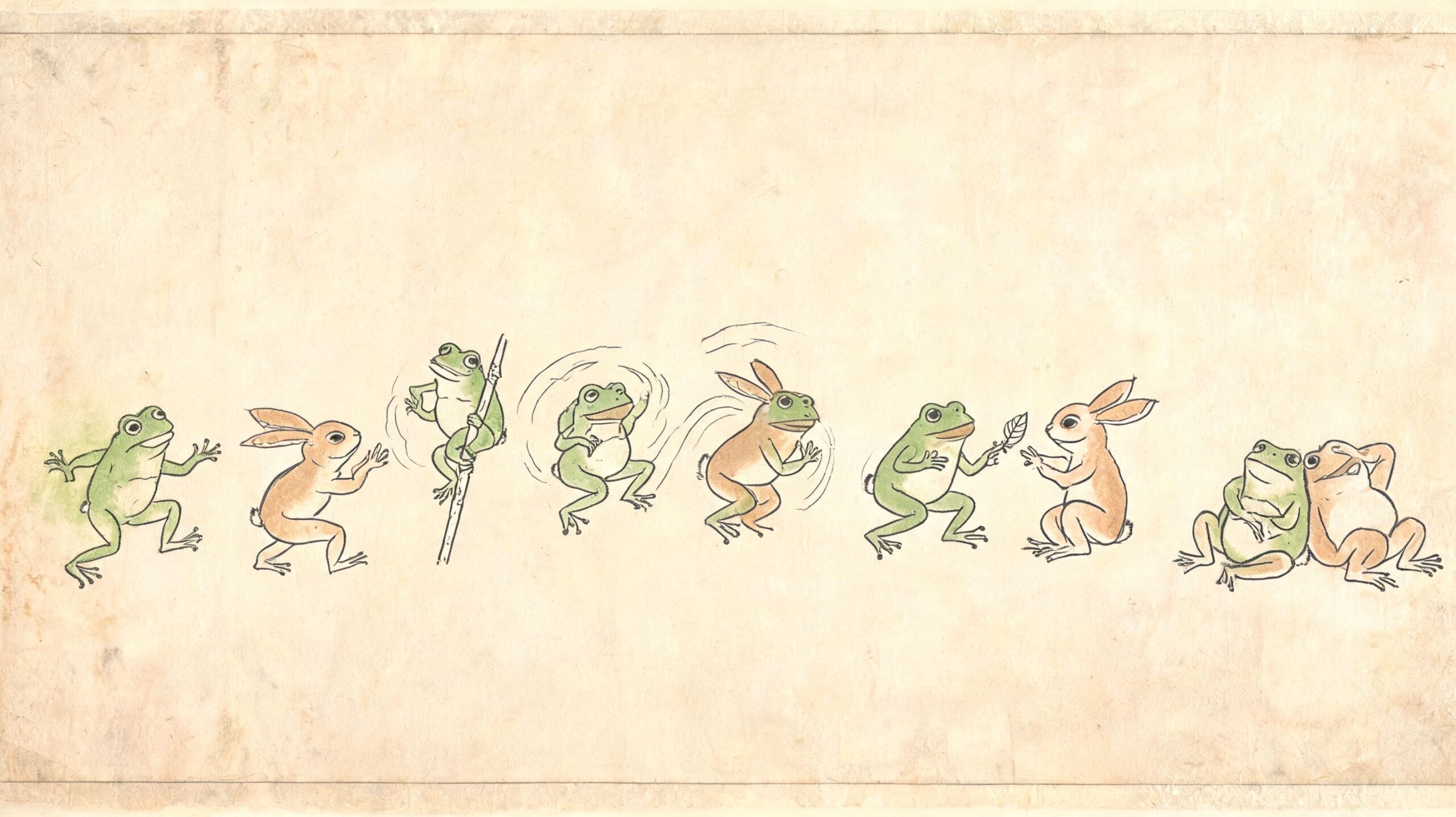 A line of hand-drawn frogs and rabbits resembling traditional Japanese Choju-giga ink scroll paintings on paper.