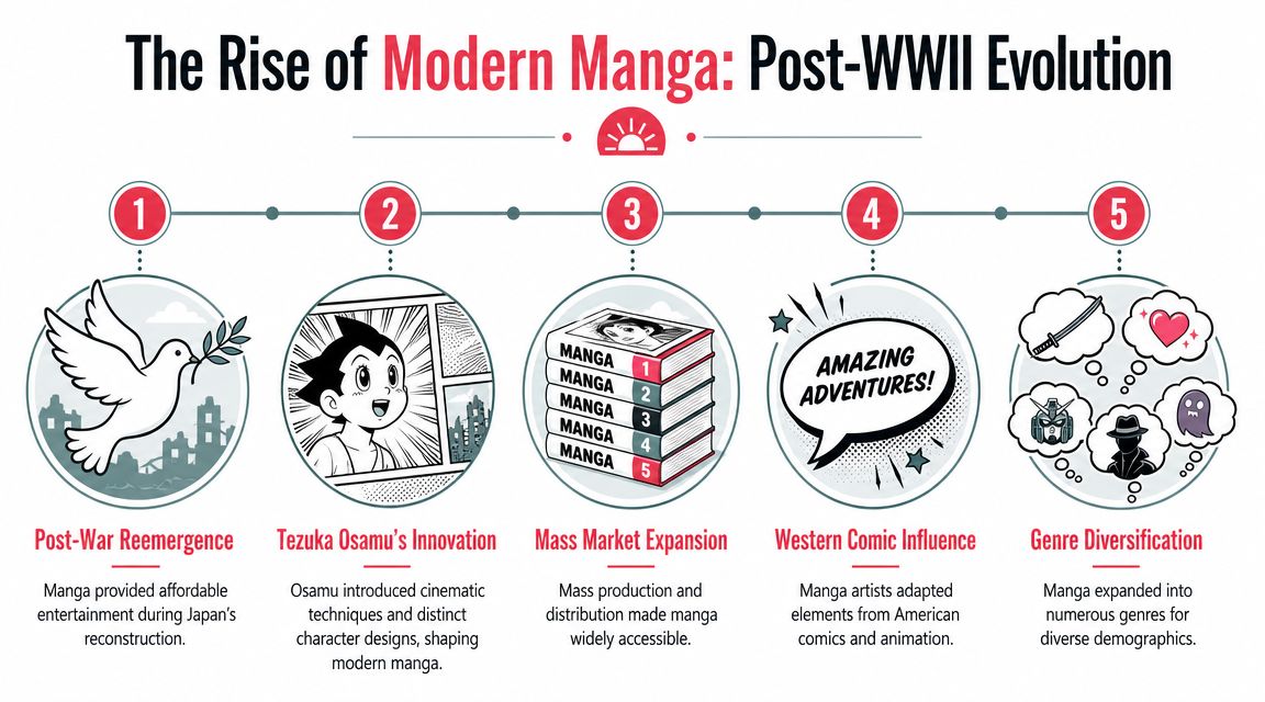 An infographic titled The Rise of Modern Manga illustrating five key historical stages of its evolution.