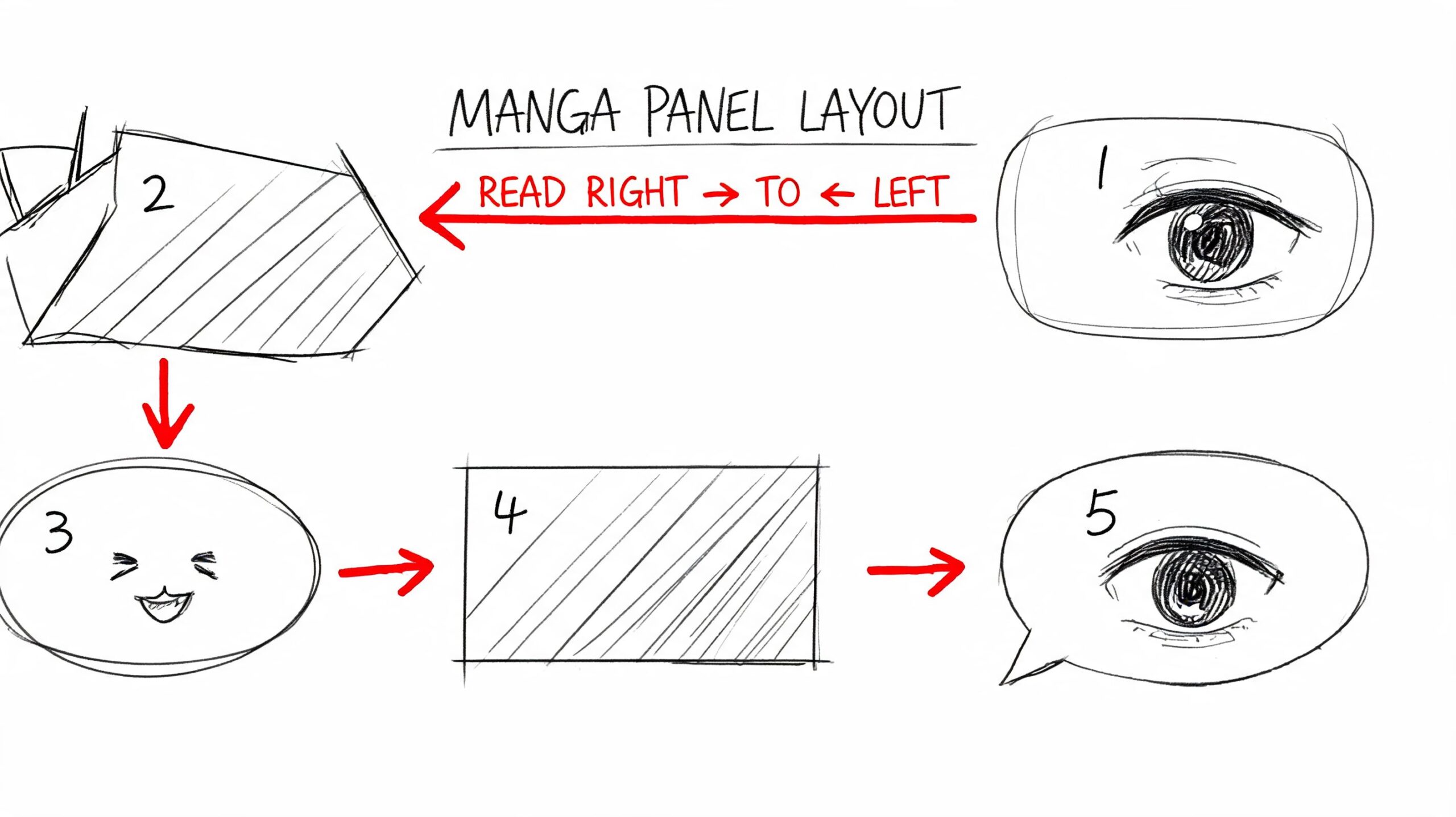 A diagram illustrating the right-to-left reading order of a manga page layout using five numbered panels.