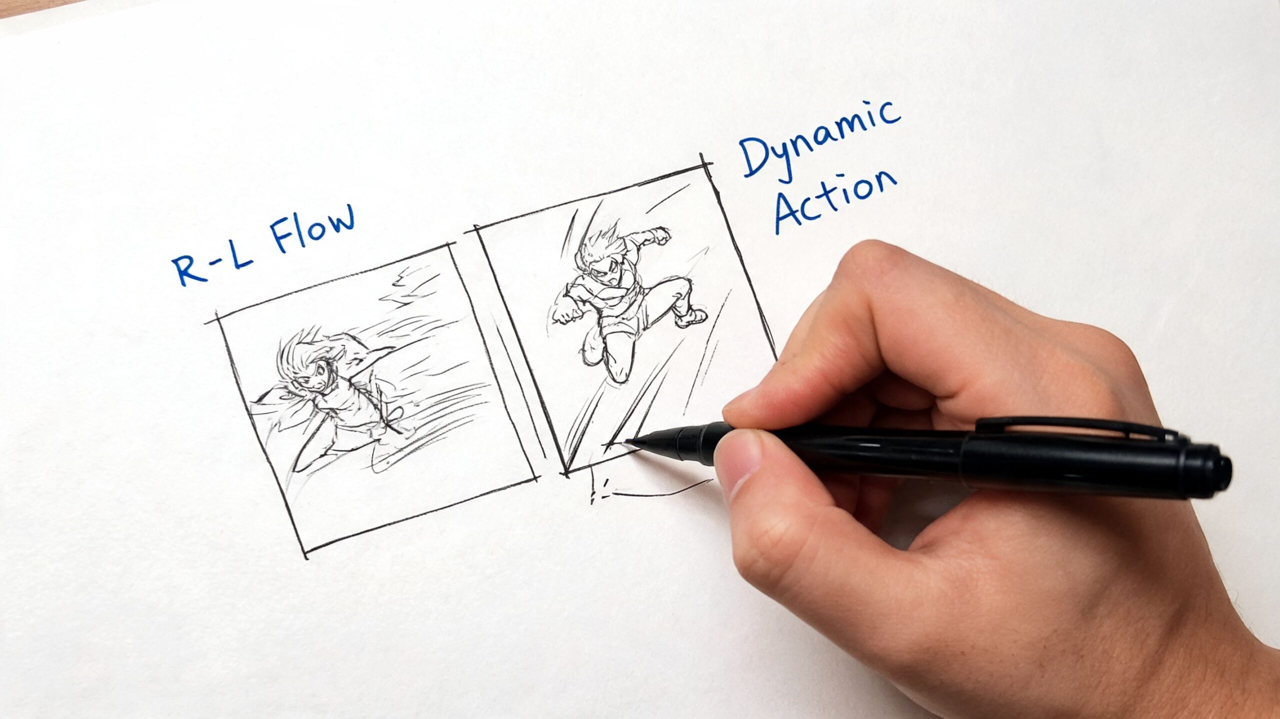 A hand drawing a storyboard sketch illustrating right-to-left flow and dynamic action panels for manga art.