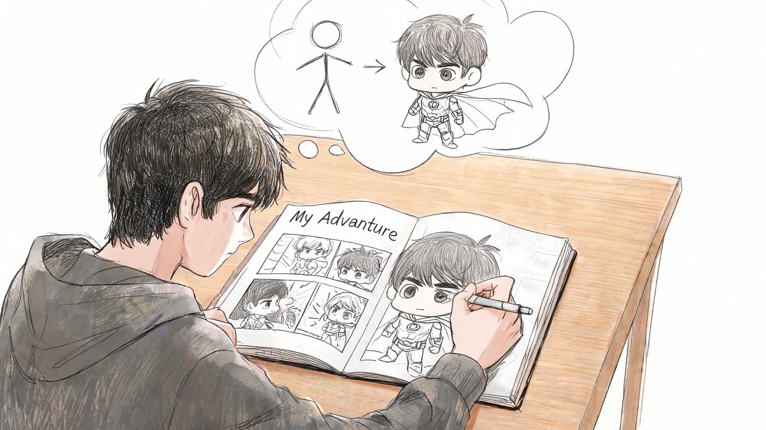 An artist drawing a personalized comic book character in a sketchbook at a wooden desk.
