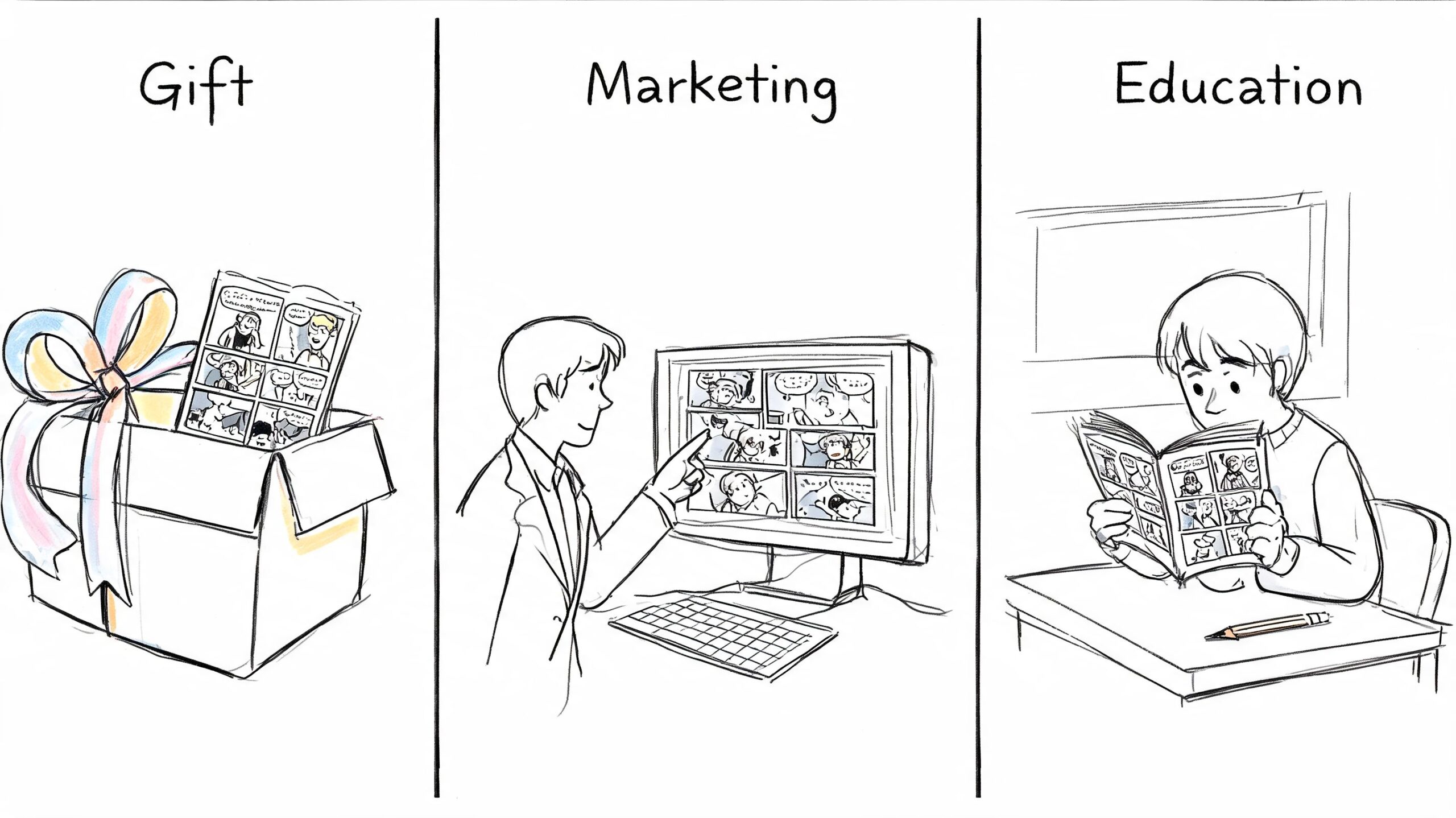 A conceptual illustration depicting a comic book being presented as a gift, used for marketing, and for education.