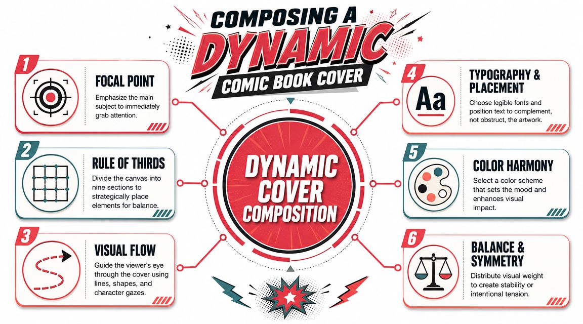 An infographic detailing six essential principles for designing dynamic and professional comic book cover compositions.