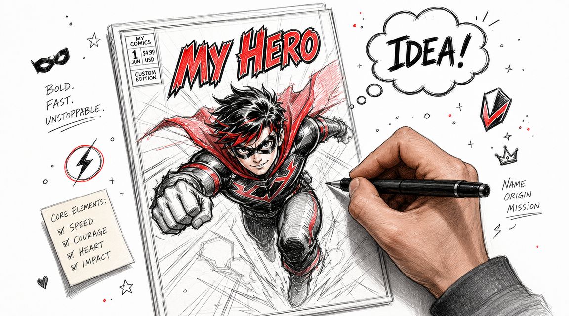 A hand sketching a superhero comic book cover featuring a young hero with a red cape.