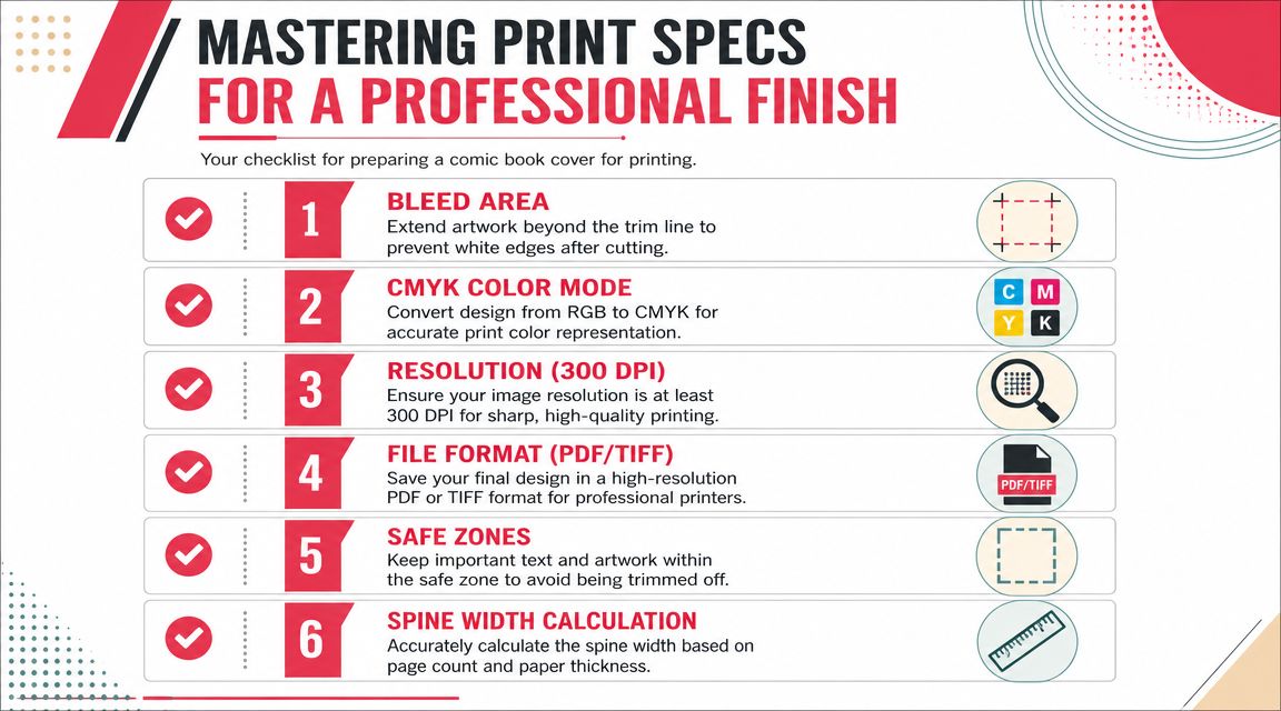 A checklist infographic detailing six essential technical requirements for preparing professional personalized comic book covers for printing.