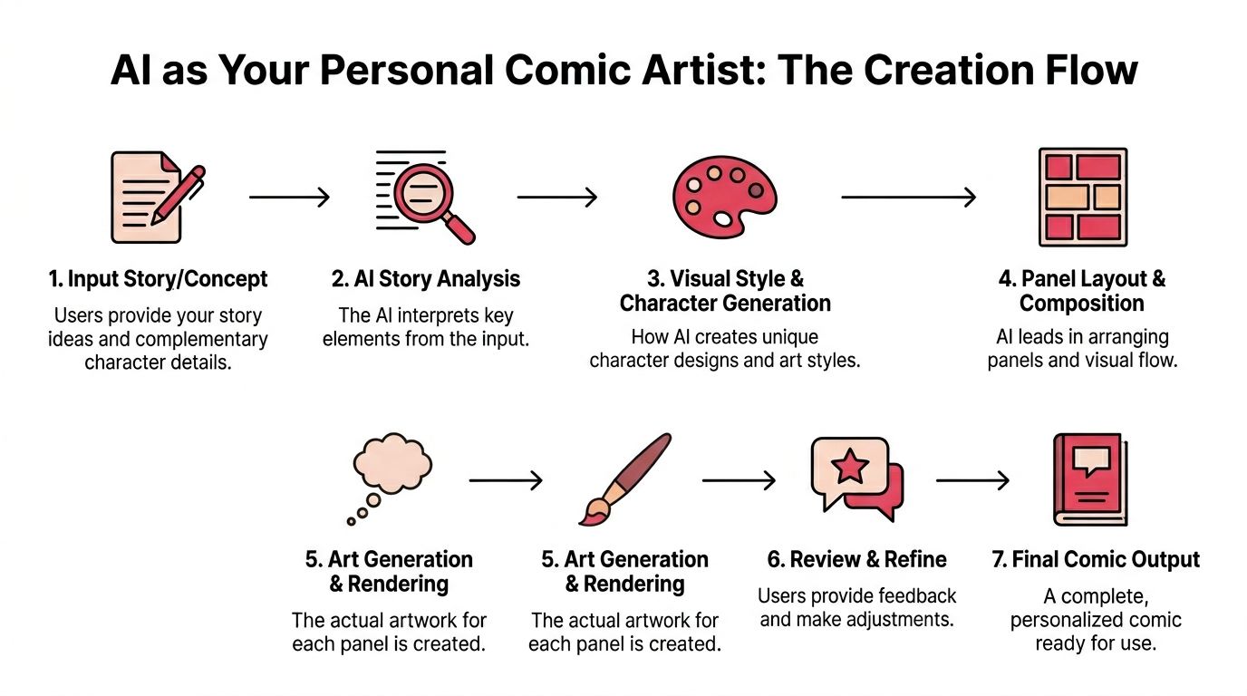 A diagram illustrating the seven-step creation process for generating comic books using artificial intelligence technology.