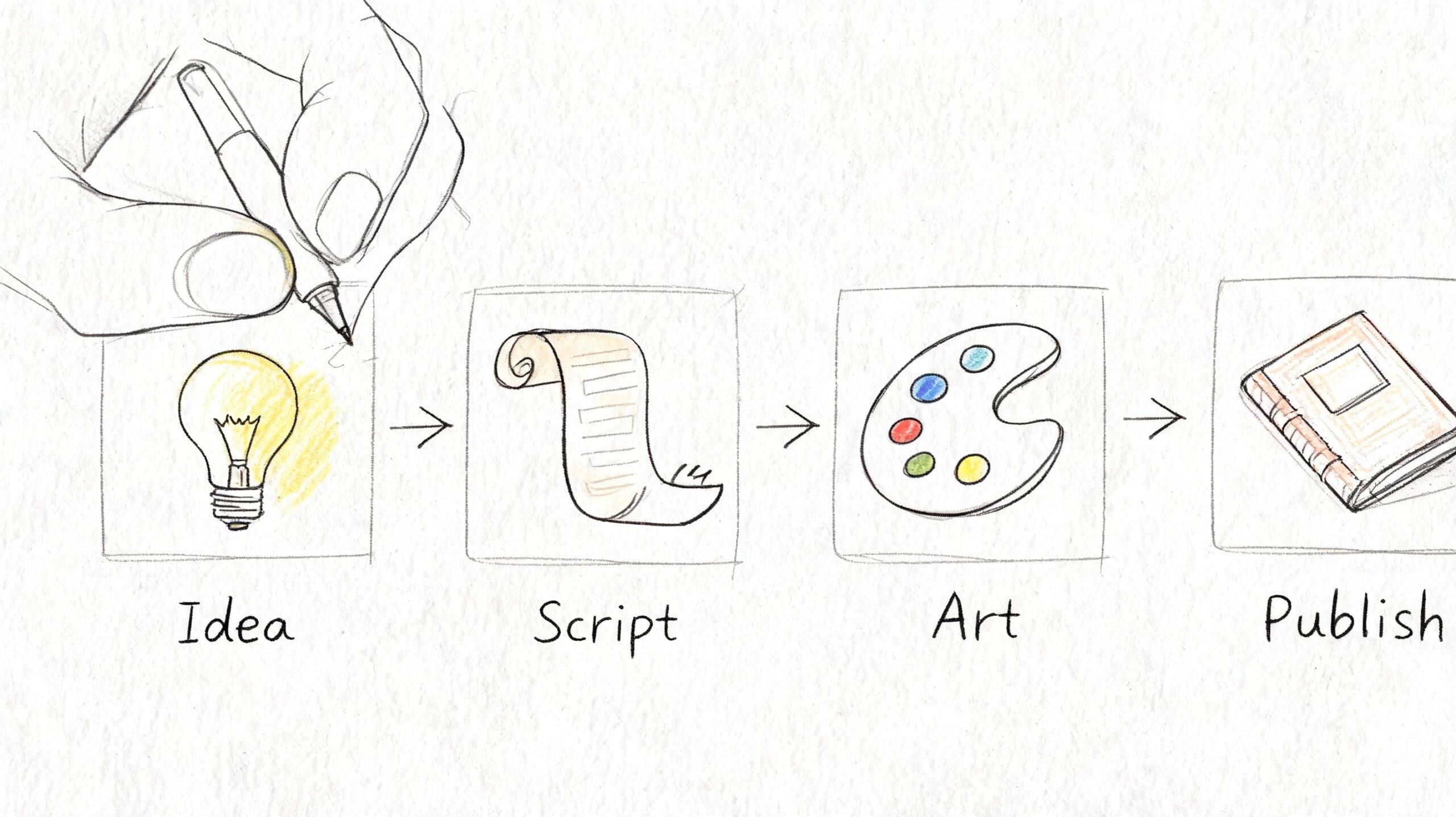 A hand-drawn illustration showing the four-step process of creating a book, from idea to publication.