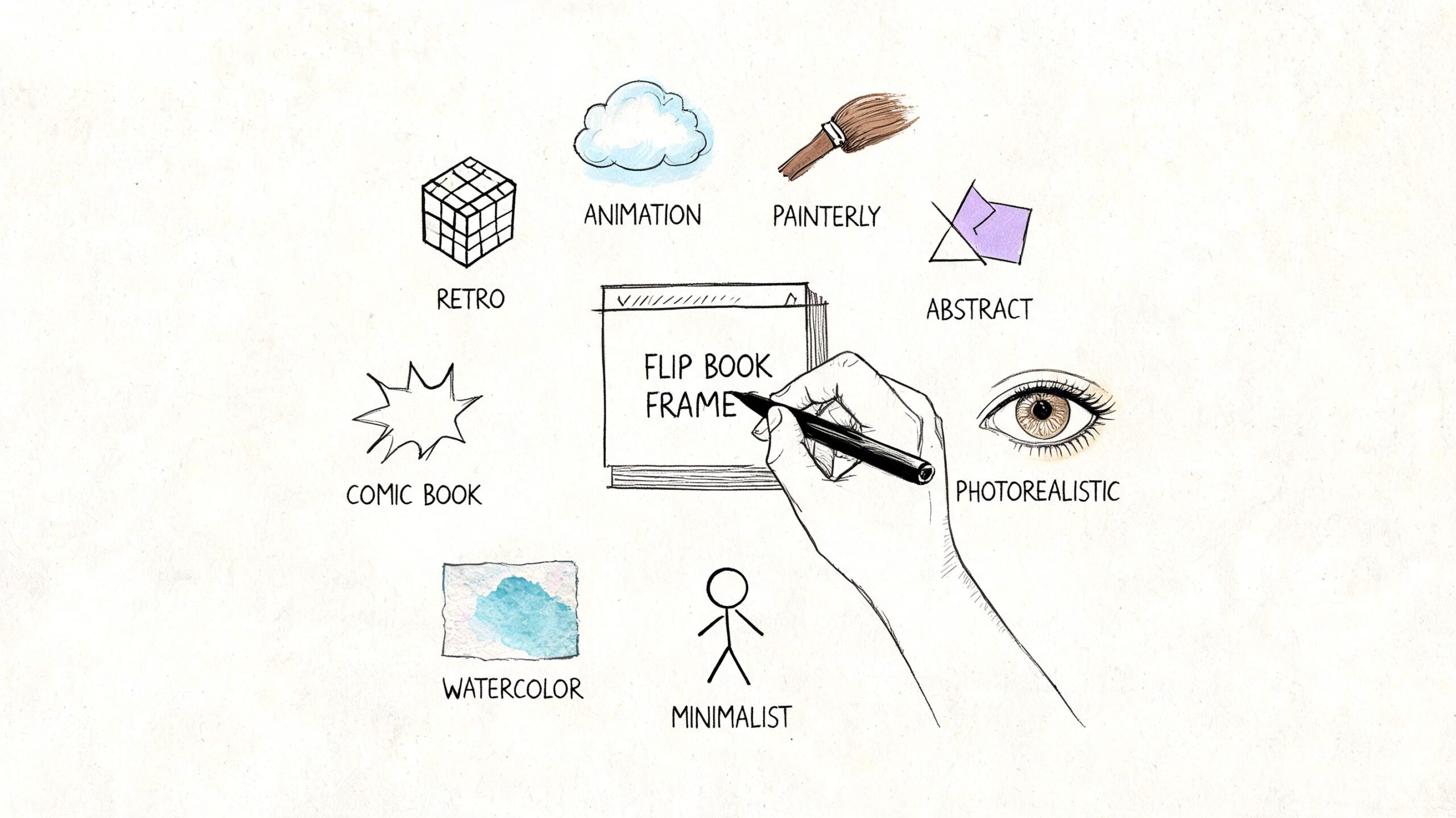 A hand drawing in a flip book surrounded by icons representing various artistic styles and animation techniques.