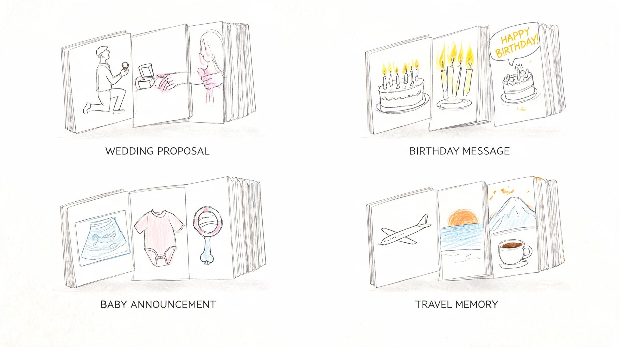Four different personalized flip book designs displaying illustrations of a wedding proposal, birthday, baby announcement, and travel.