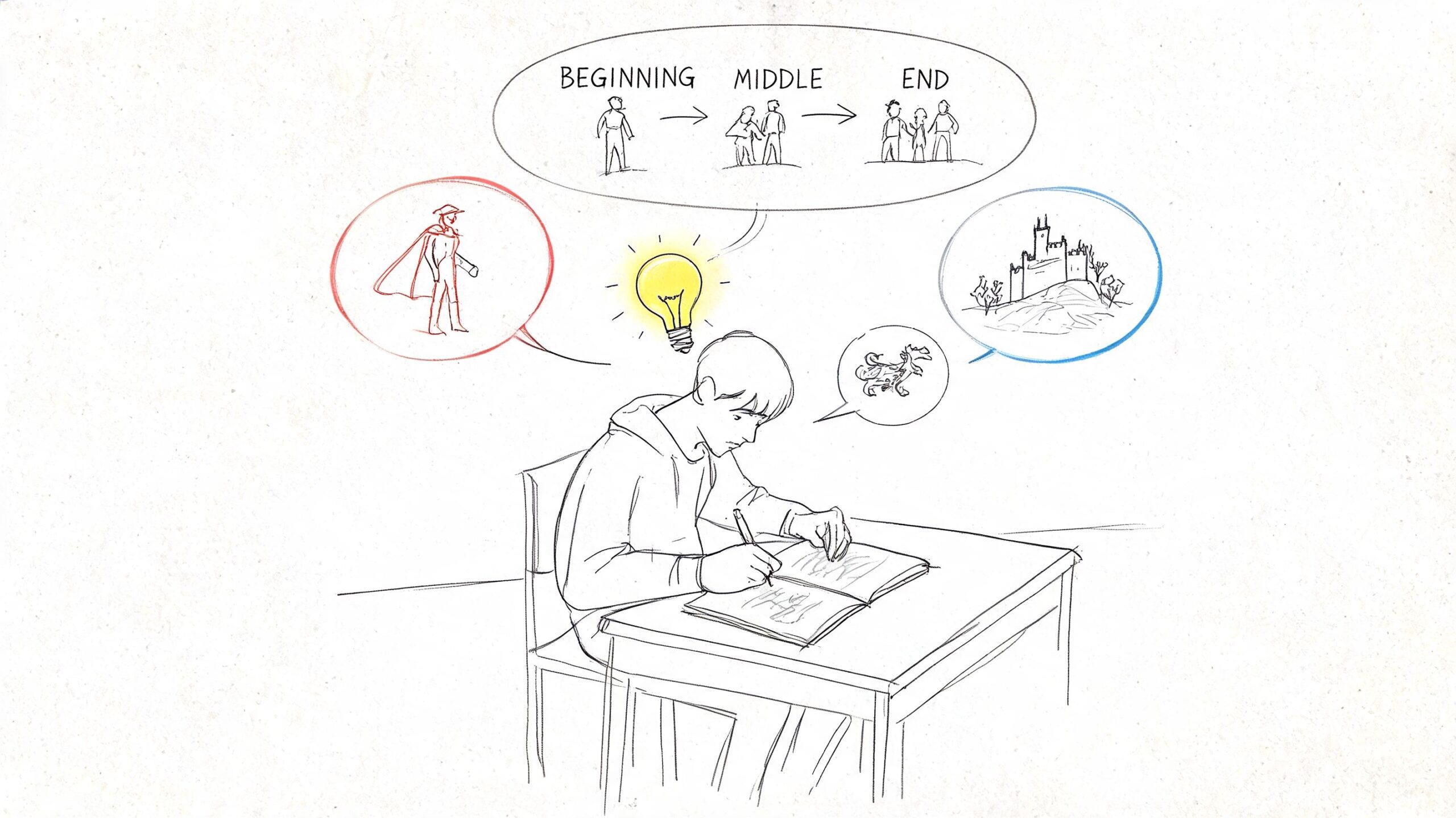 A young boy sketching creative ideas of characters, plots, and a castle in his notebook.