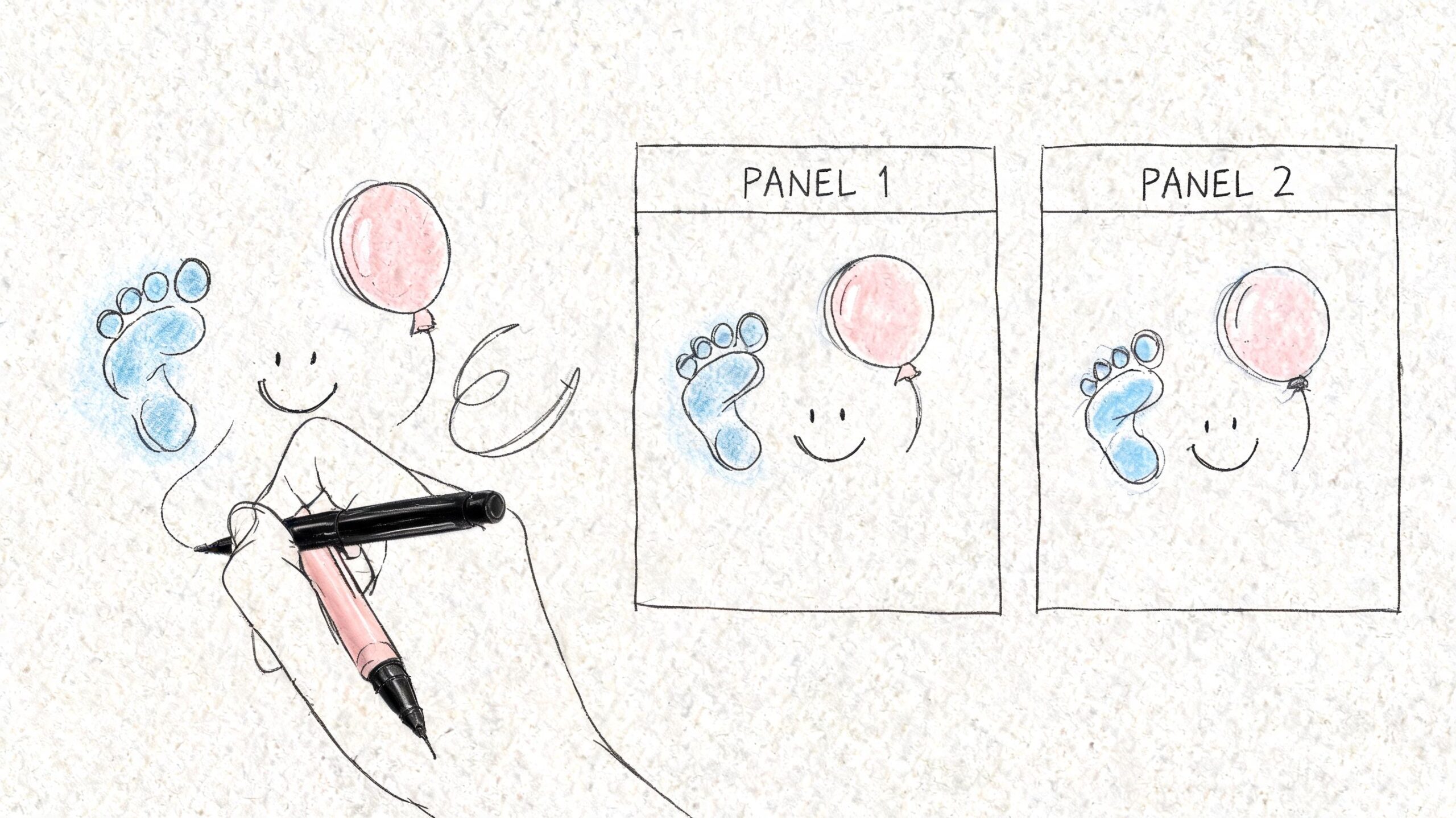 A hand drawing a cartoon illustration of a footprint and a balloon in a comic panel style.