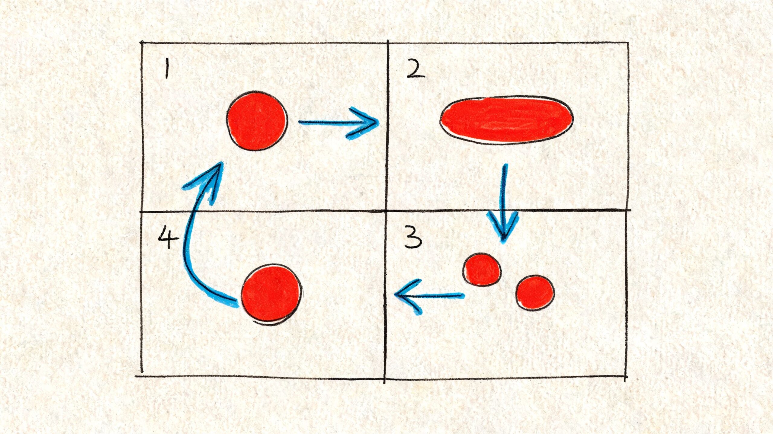 A hand-drawn comic style diagram showing a four-step cycle of a red circular cell dividing into two.