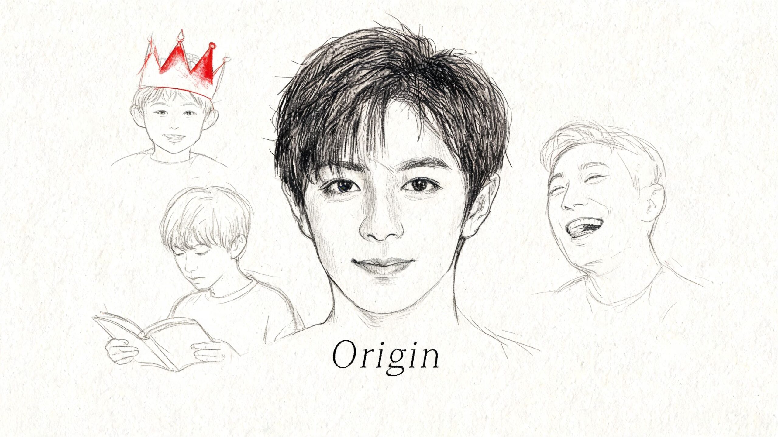 A central sketch of a young man surrounded by three smaller drawings showing childhood and laughter.