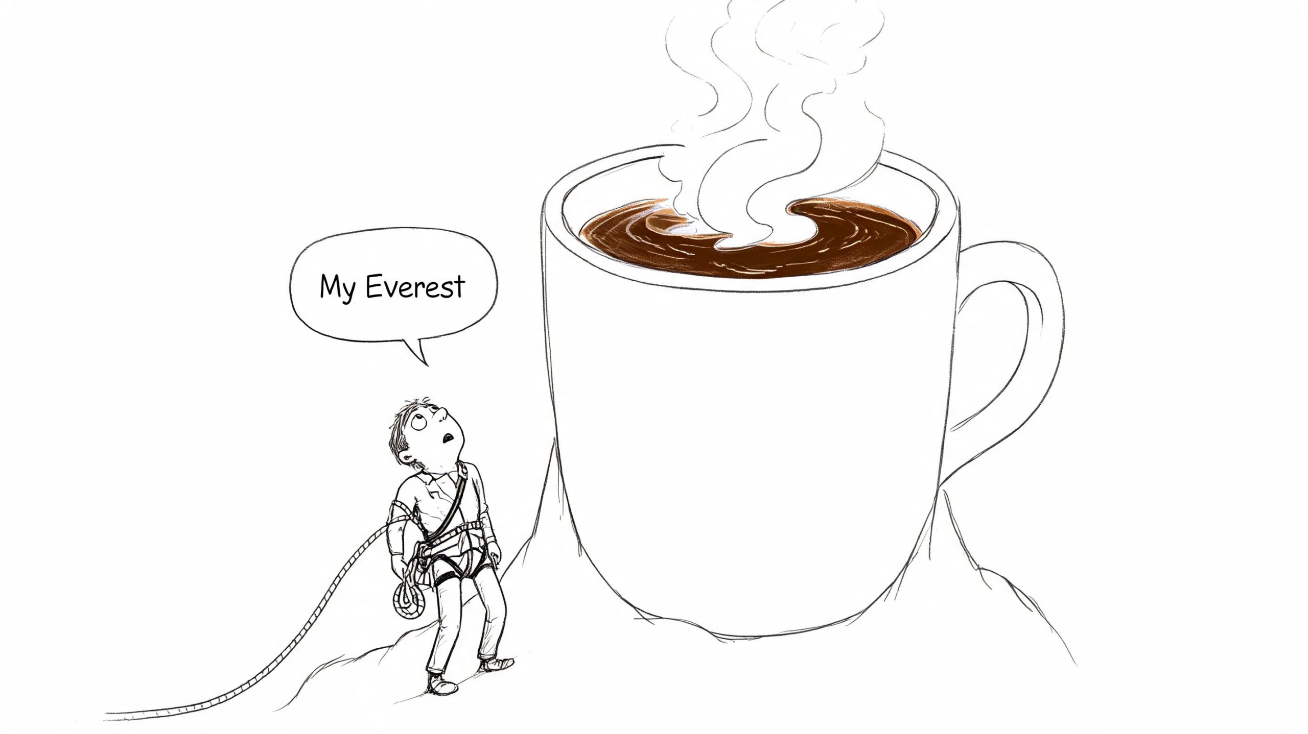 A small climber stands at the base of a massive coffee mug labeled as his Everest.