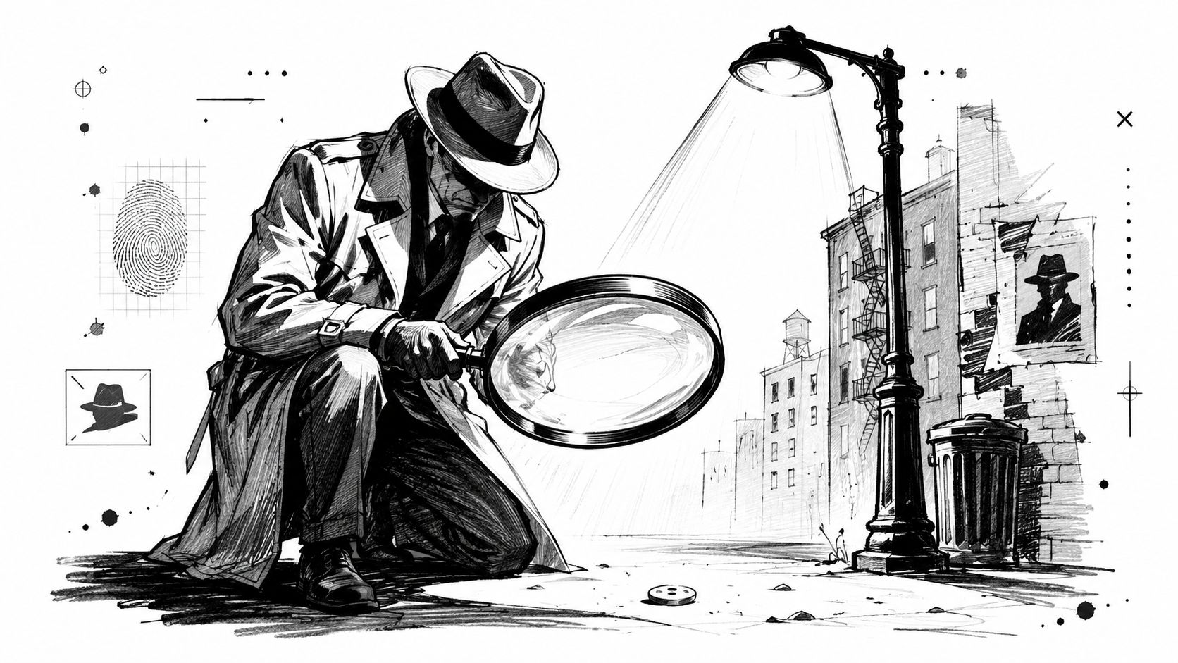 A noir style detective in a trench coat and fedora examines a small button using a magnifying glass.