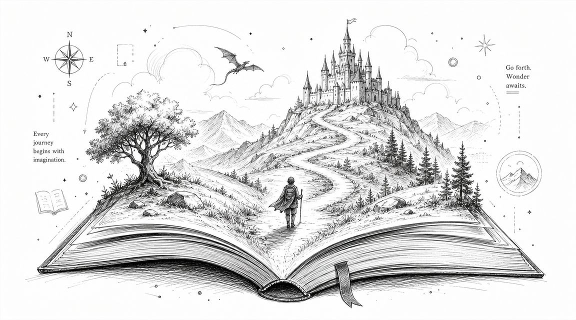 A detailed pen and ink drawing of an open book featuring a fantasy landscape with a castle.