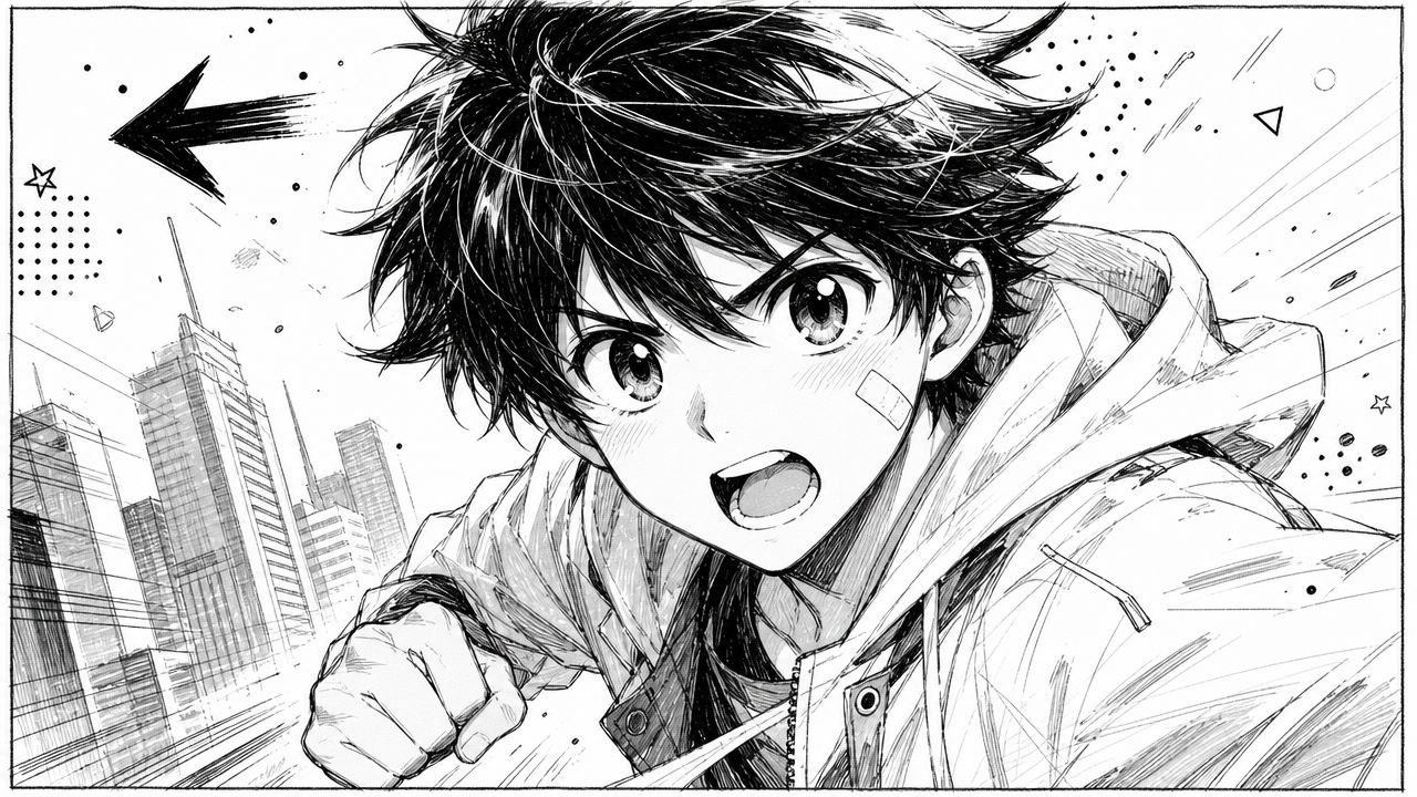 A dynamic black and white manga style illustration of a determined young boy punching forward.
