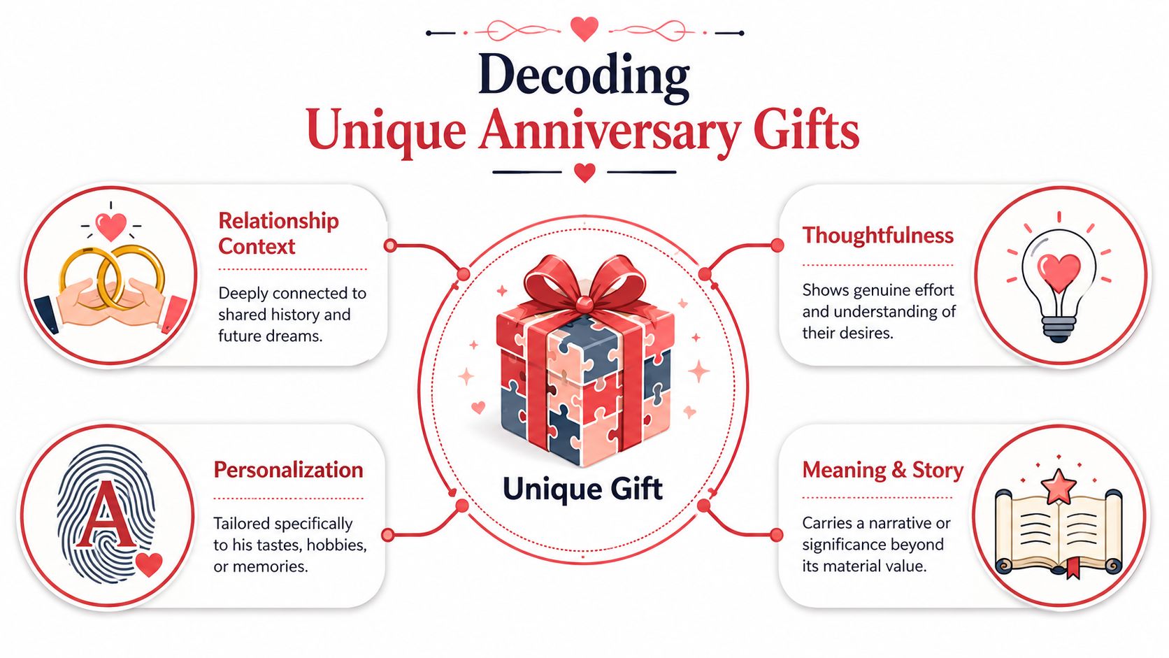 A visual guide titled Decoding Unique Anniversary Gifts, illustrating key factors like relationship context, thoughtfulness, personalization, and storytelling.