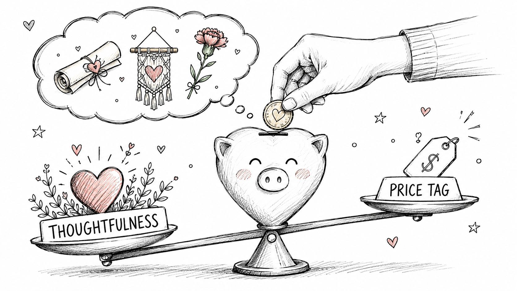 A hand depositing a coin into a heart-shaped piggy bank representing the balance between thoughtfulness and price tags.