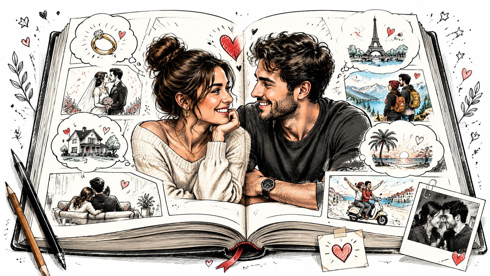 A romantic illustration of a couple inside an open book filled with memories of their life together.