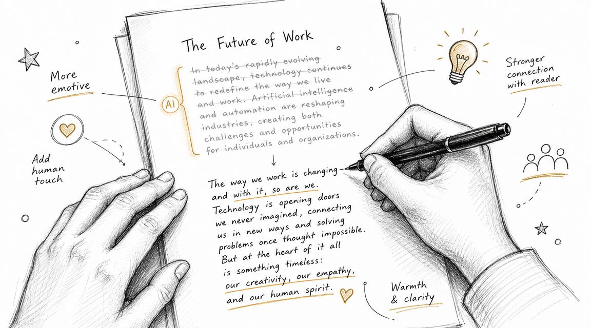 A hand-drawn illustration showing a person writing about the future of work and artificial intelligence.