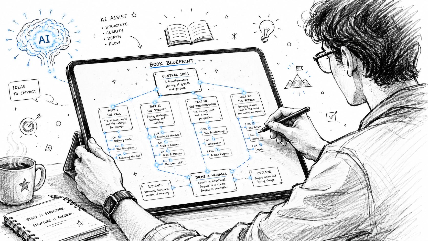 A creative person using a digital tablet to plan a book structure with AI assistance.