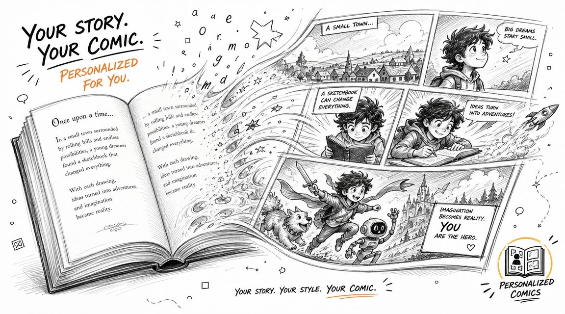 A pencil sketch of an open book transforming into a comic strip about a young creative dreamer.