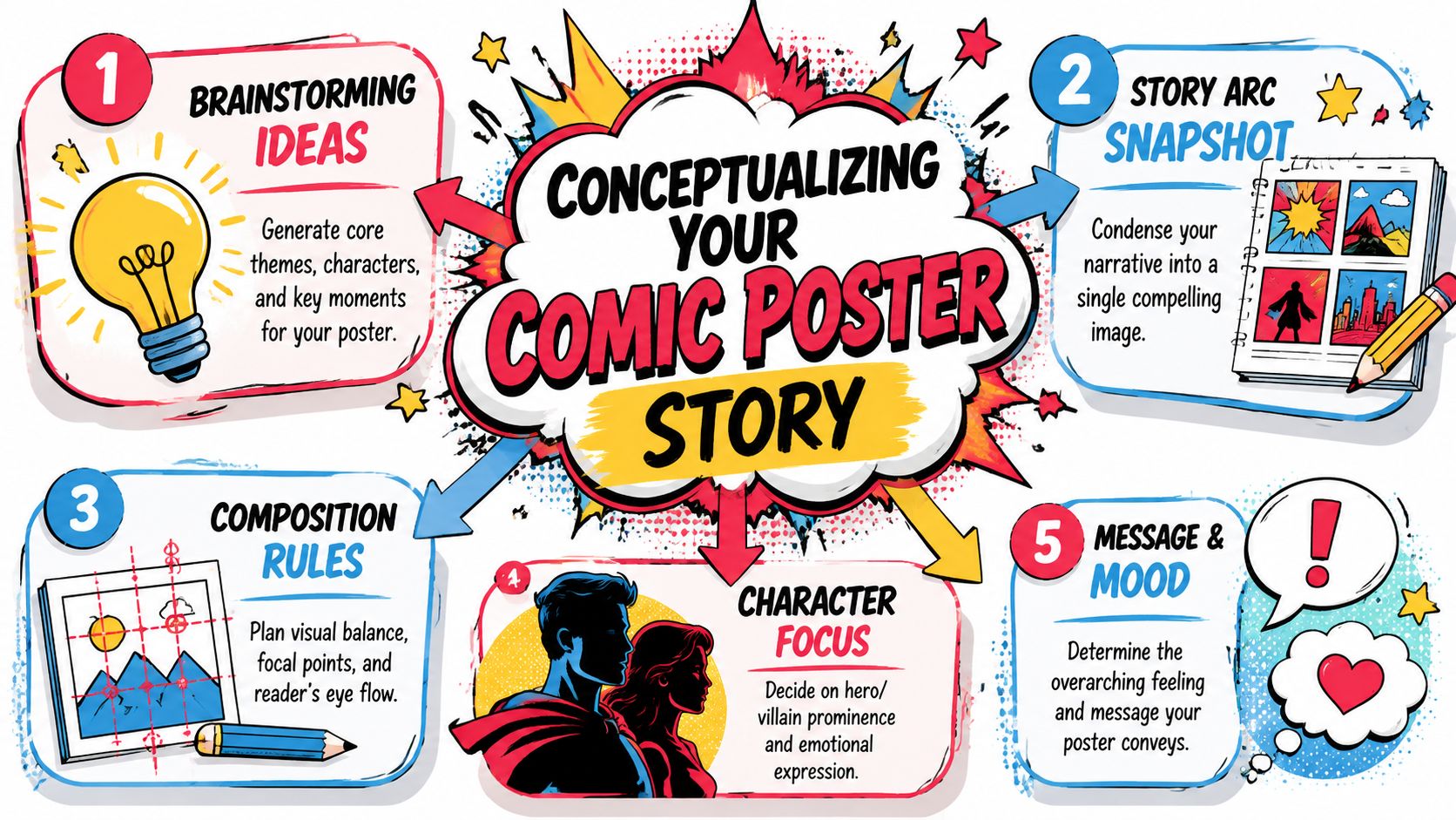A colorful infographic guide illustrating five essential steps for conceptualizing a comic book poster story design.
