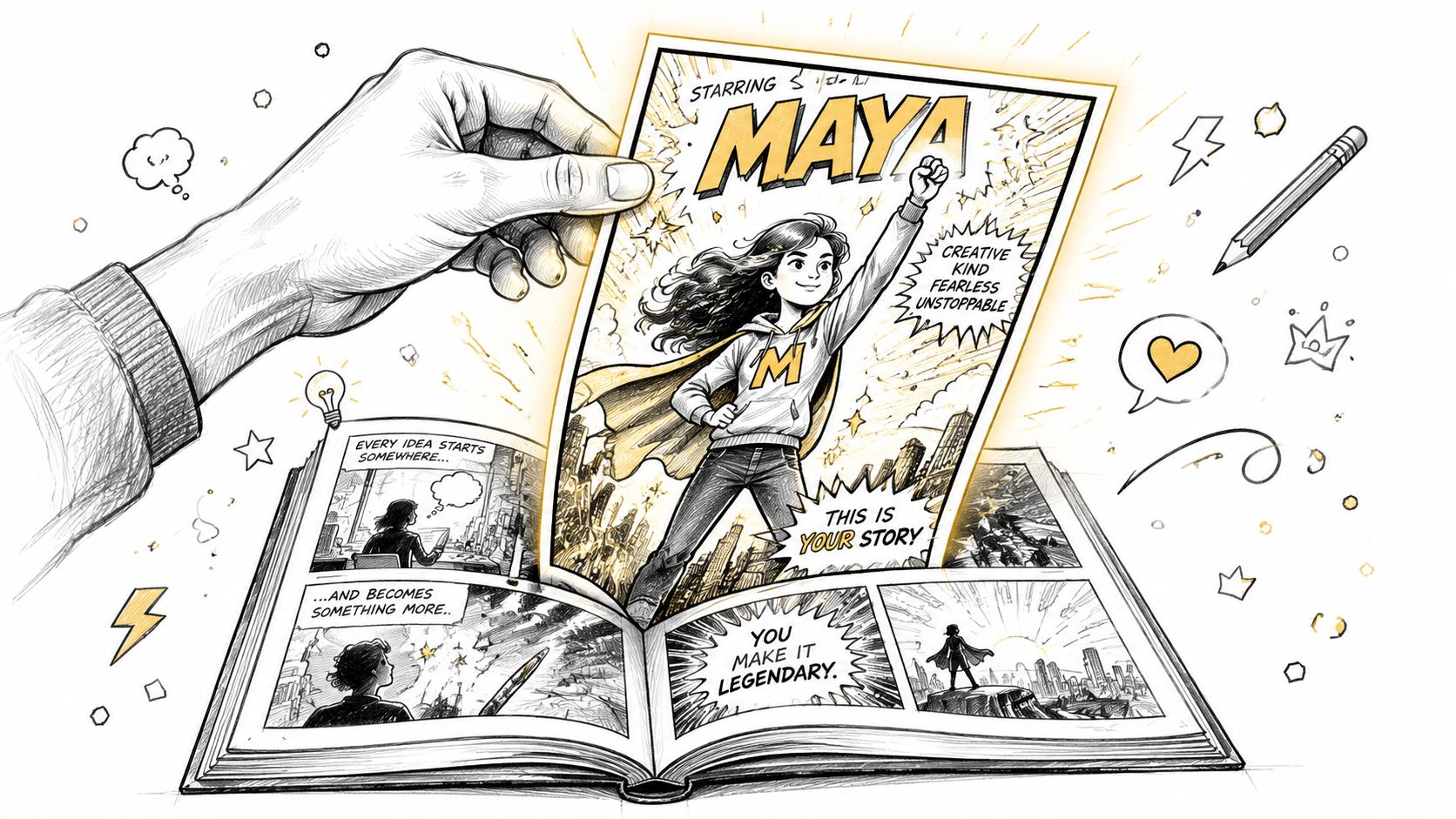 A hand holds a comic book cover featuring Maya, a superhero girl, emerging from an open sketchbook.