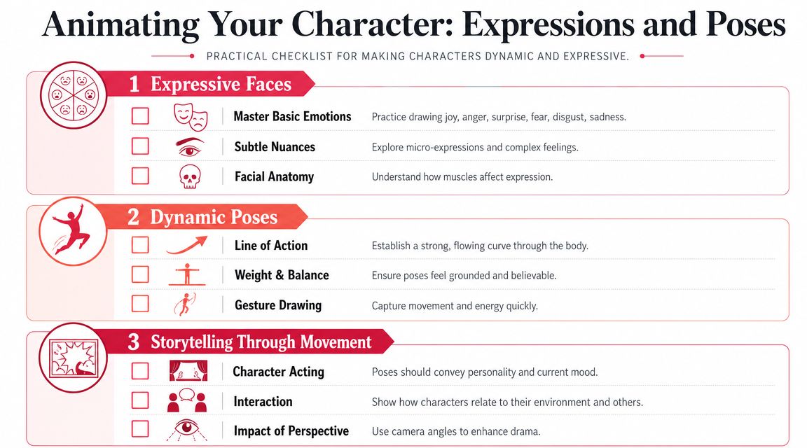 A checklist infographic titled Animating Your Character: Expressions and Poses with sections for emotions, poses, and movement.
