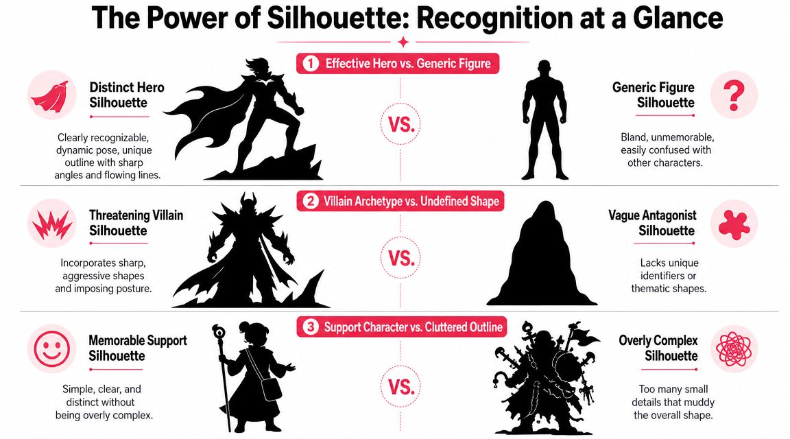 An infographic showing examples of effective versus ineffective character silhouettes for hero, villain, and support archetypes.