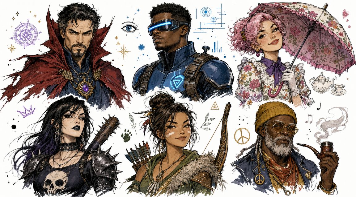 A collage of diverse fantasy and sci-fi comic book style character illustrations featuring various hero archetypes.