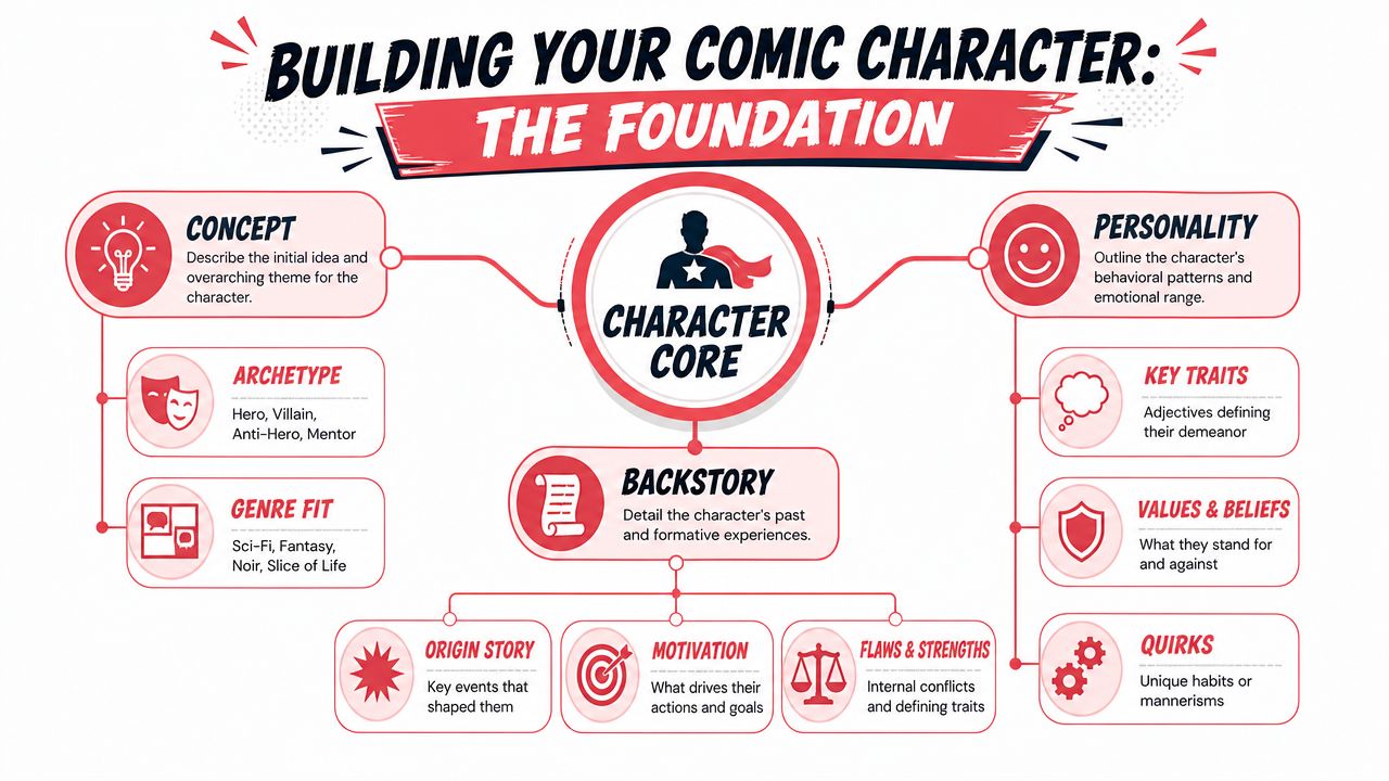 An infographic titled Building Your Comic Character illustrating the foundational elements of character creation and development.