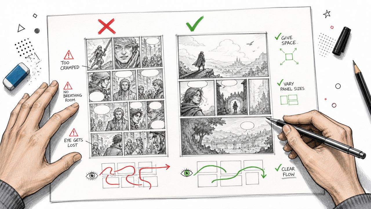 A comparison showing a bad, cramped comic layout versus an effective, spacious, and well-structured panel layout.