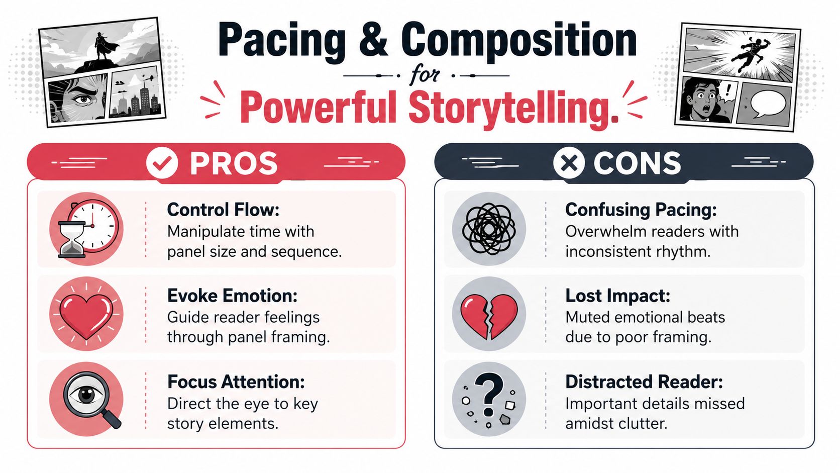 An infographic detailing the pros and cons of pacing and composition in comic storytelling techniques.