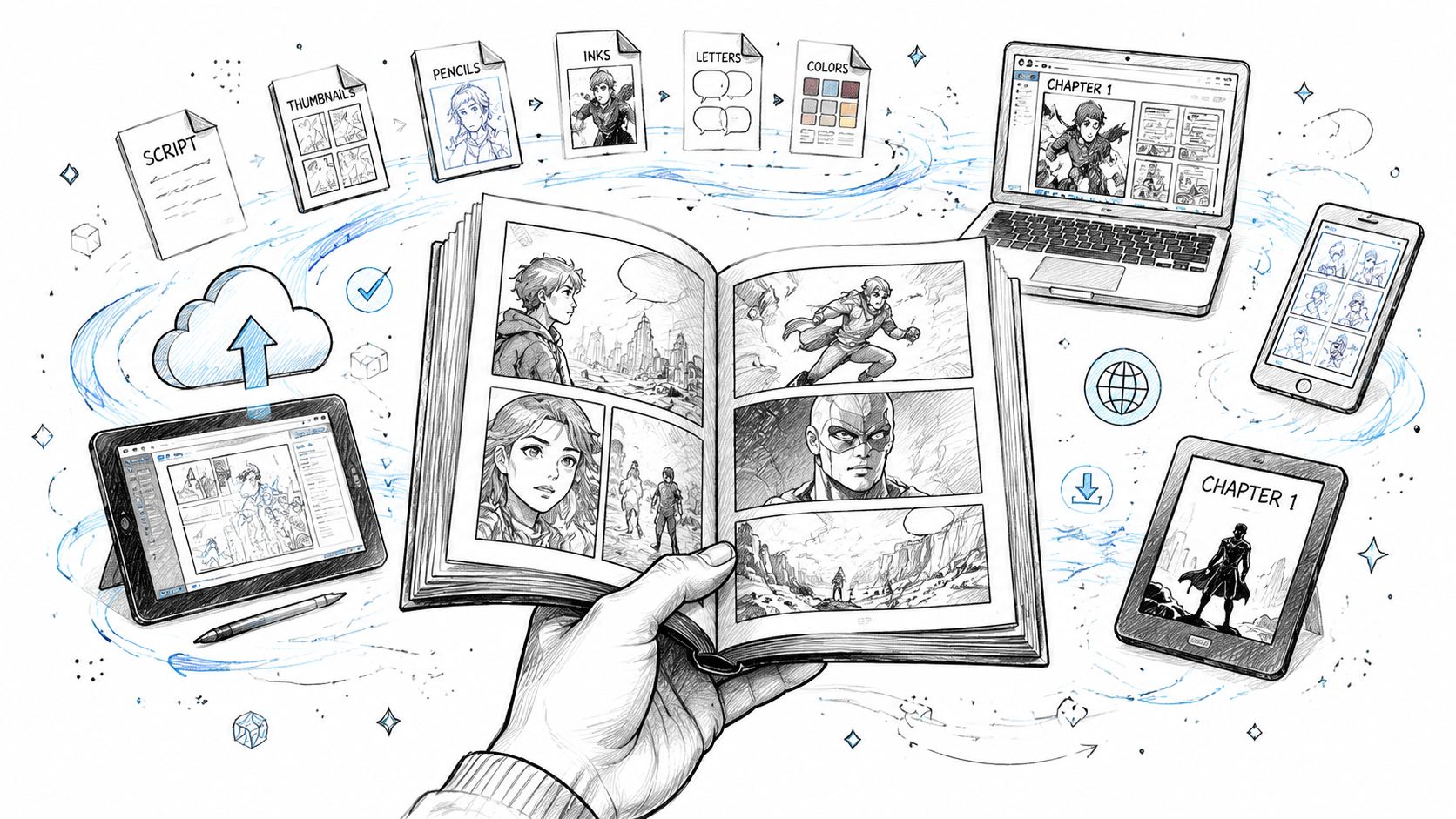 A conceptual illustration showing the step-by-step process of creating a graphic novel using digital and physical tools.