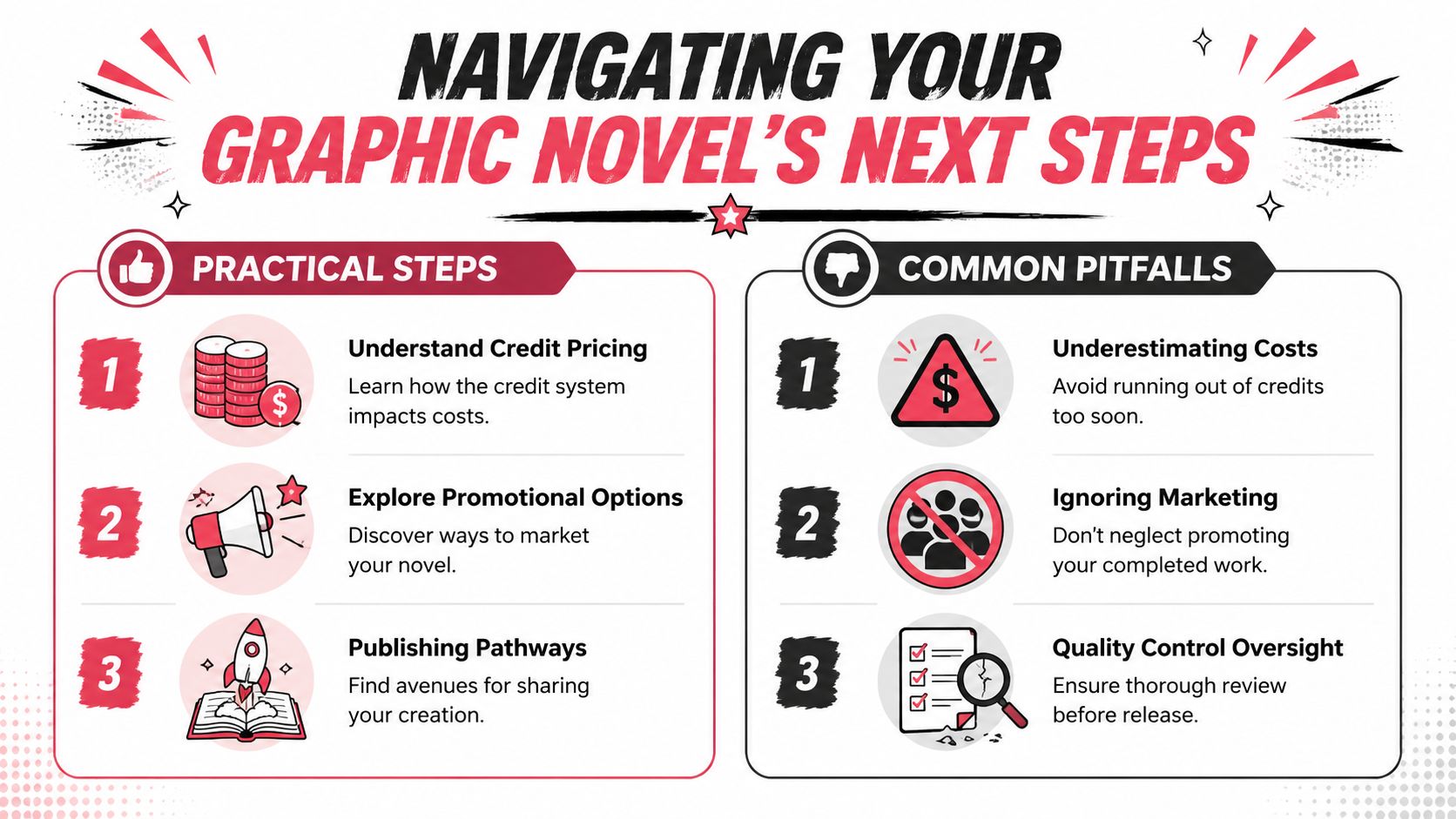 An infographic titled Navigating Your Graphic Novel's Next Steps showing practical steps and common pitfalls for creators.