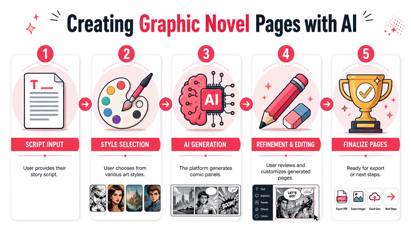 A five-step infographic showing the process of creating graphic novel pages using artificial intelligence technology.