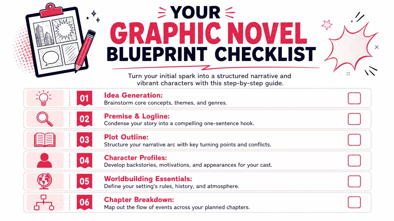A graphic novel blueprint checklist infographic with six numbered steps for creating a structured narrative story.