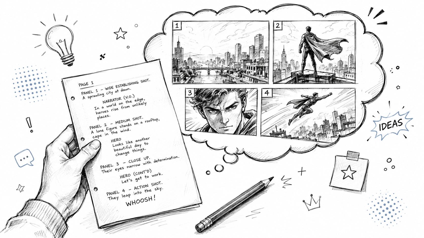A hand holding a script for a graphic novel beside a thought bubble containing comic storyboard panels.