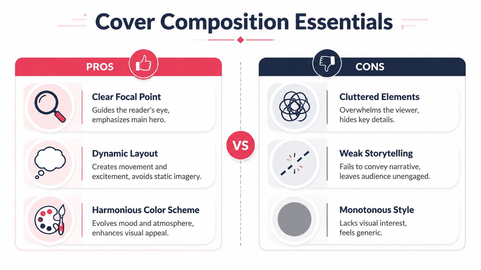 A comparison chart showing essential pros and cons for designing effective and visually engaging cover art compositions.