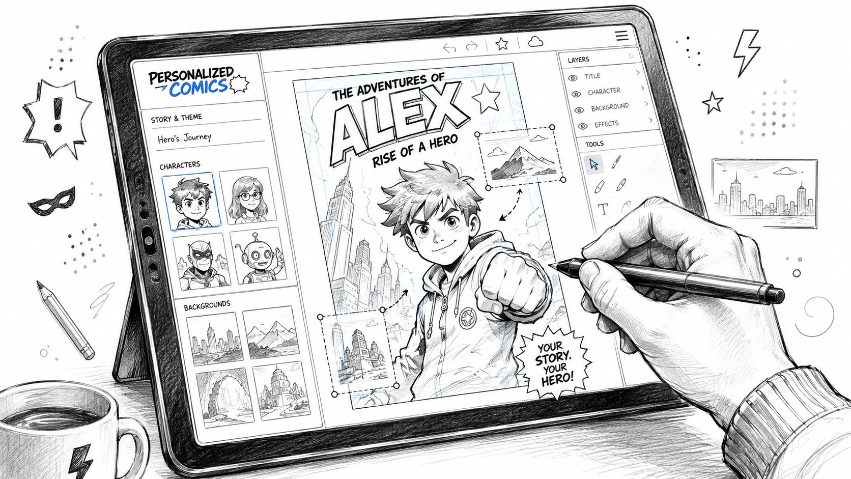 A digital artist creates a custom comic book cover featuring a young hero on a tablet screen.