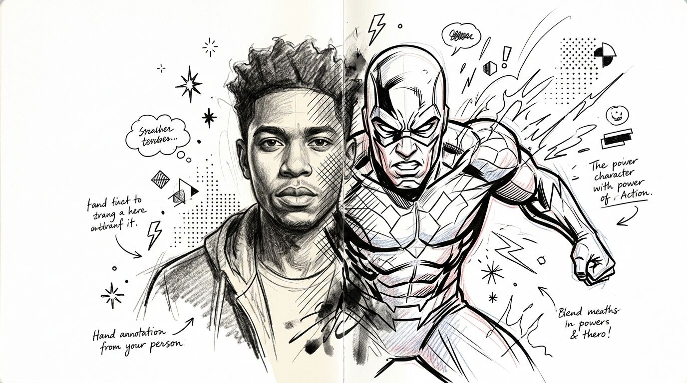 A split image showing a sketch of a young man and his superhero alter ego with annotations.