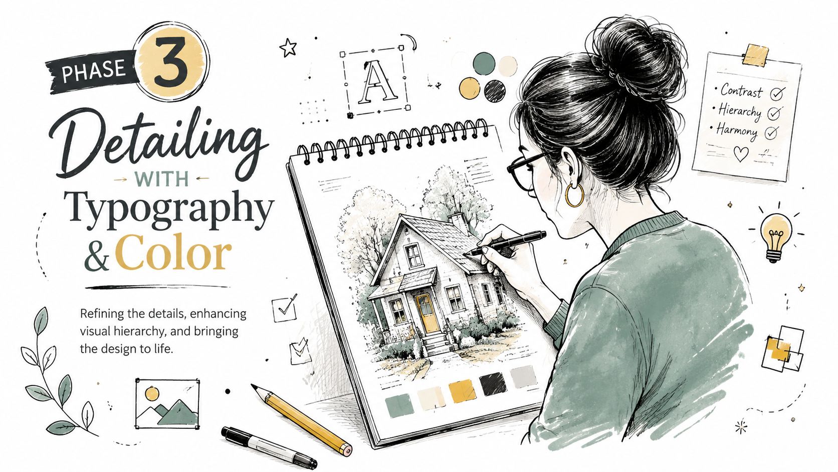 An artist drawing a house sketch in a notebook while emphasizing typography and color design concepts.