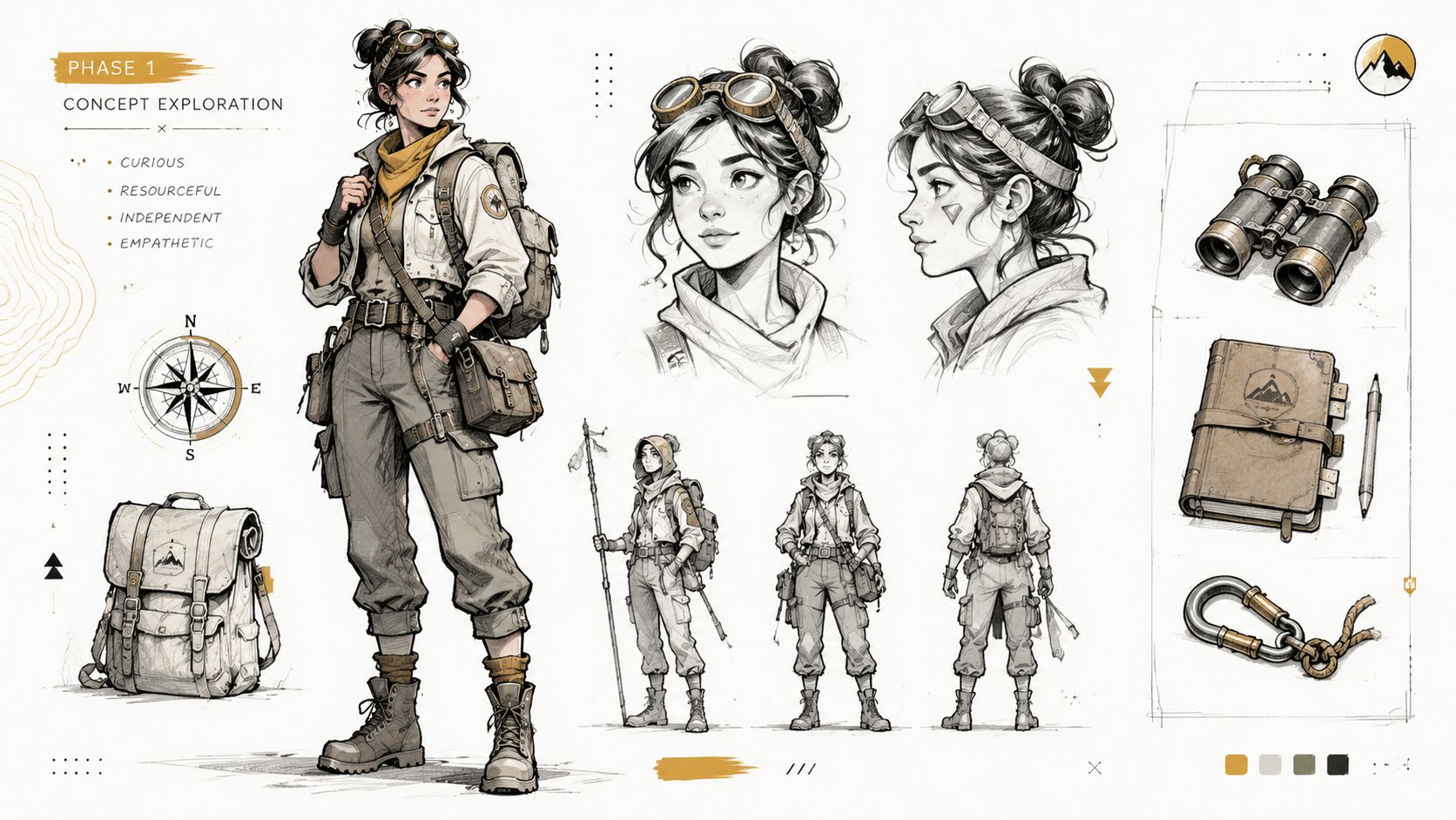 A character design concept sheet for a young female explorer wearing outdoor gear and goggles.