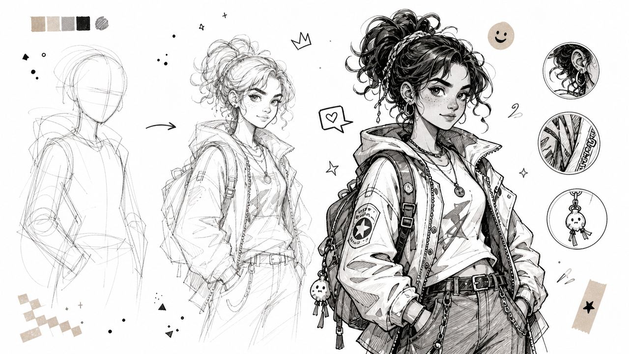 A character design sheet showcasing the process from a rough sketch to a detailed anime-style girl illustration.