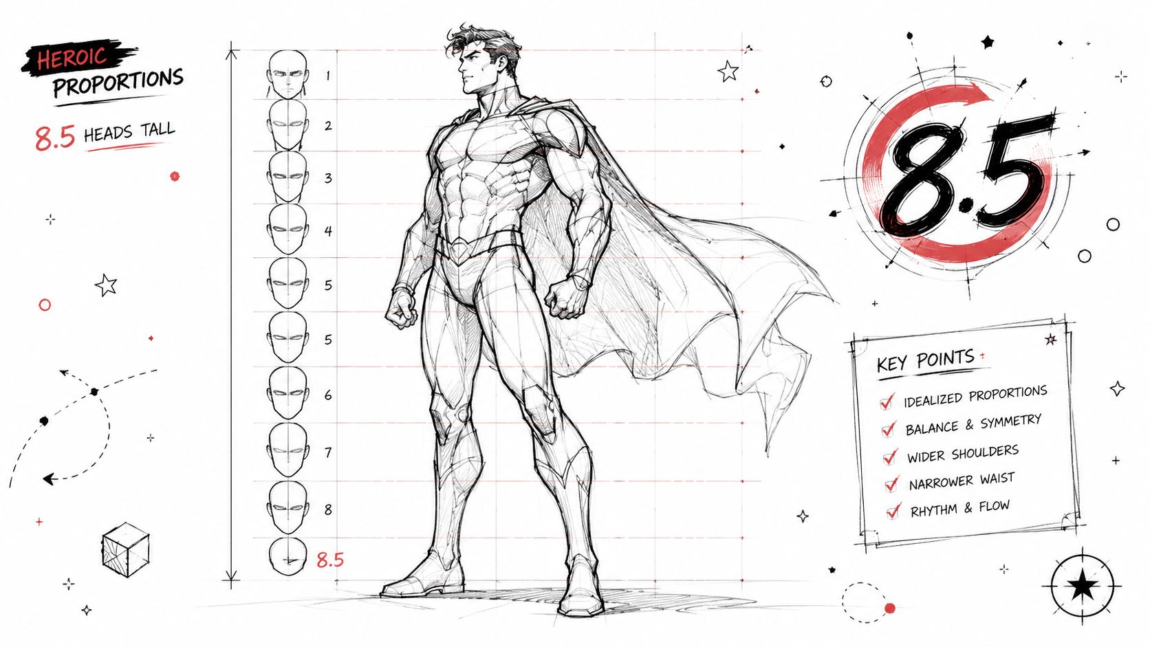 A character design reference sheet illustrating heroic body proportions measured at eight and a half heads tall.
