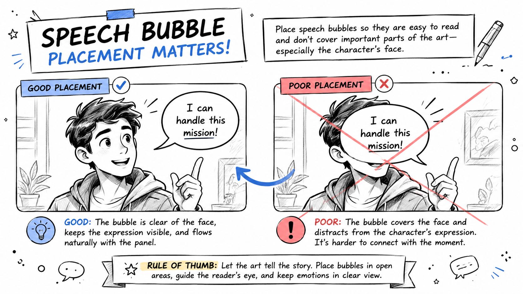 An educational illustration explaining how to properly position speech bubbles in comic book panel layouts.