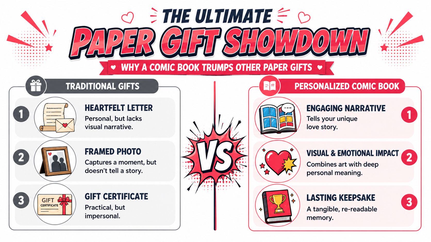 A comparative infographic illustrating why a personalized comic book makes a better gift than traditional paper options.