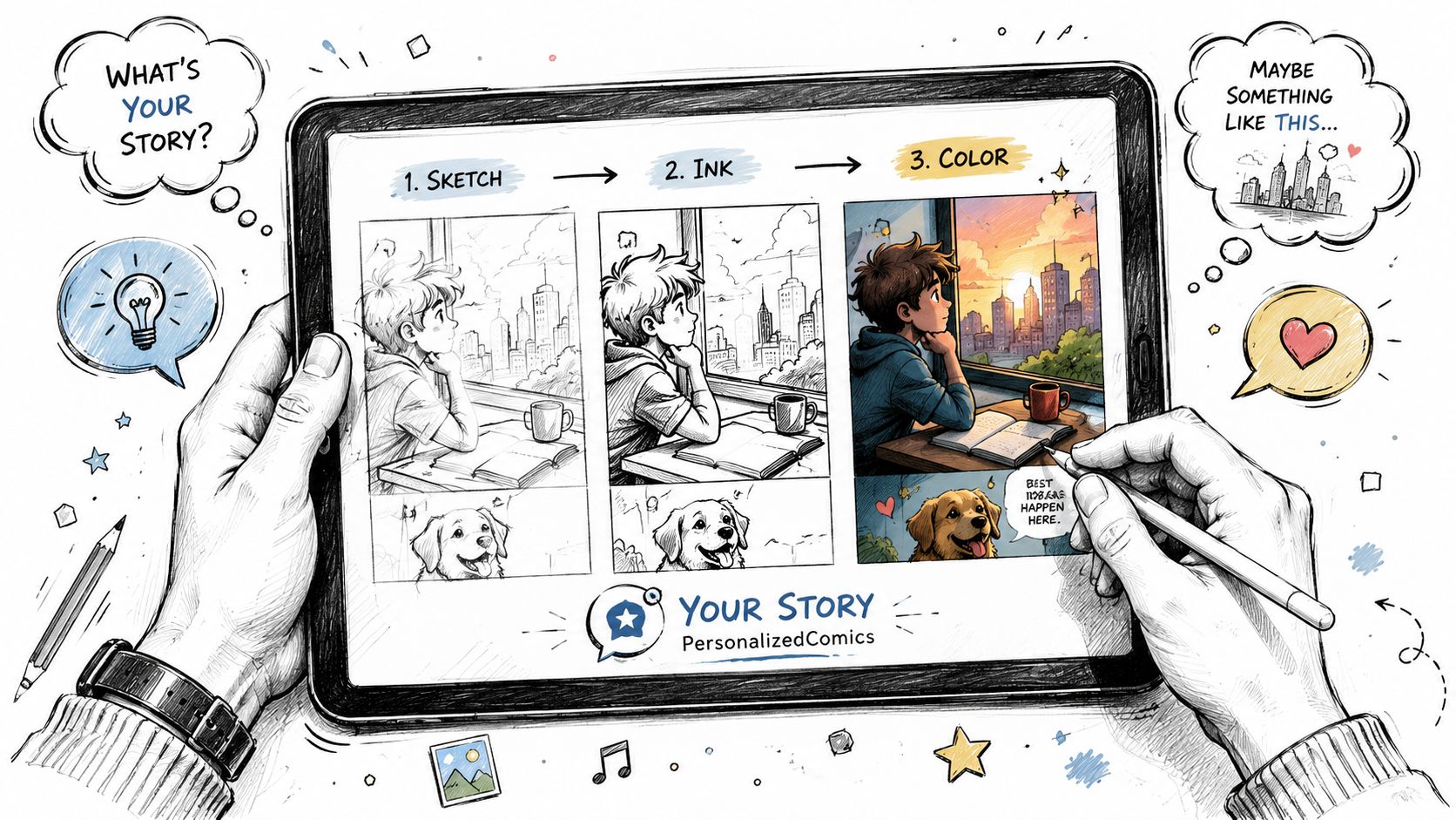 A pair of hands creating a personalized comic book on a tablet, showcasing sketch, ink, and color stages.